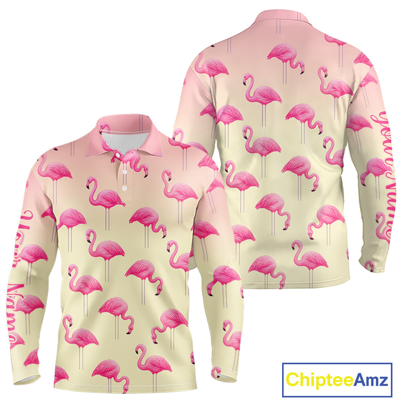Personalized pink gradient Flamingo pattern Men golf polo shirt Custom golf team theme outfits NQS10324