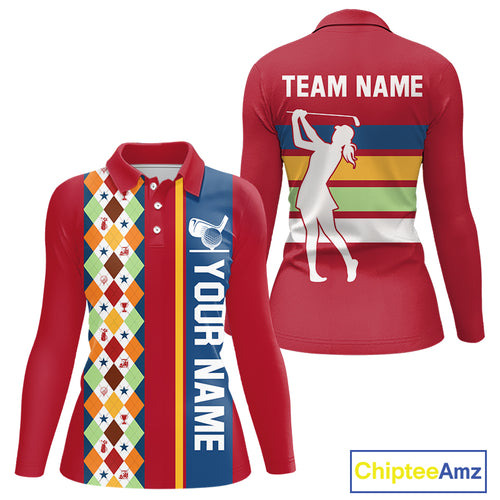 Retro colorful argyle pattern Women golf polo shirt custom Team Golf Outfits for ladies | Red NQS10327