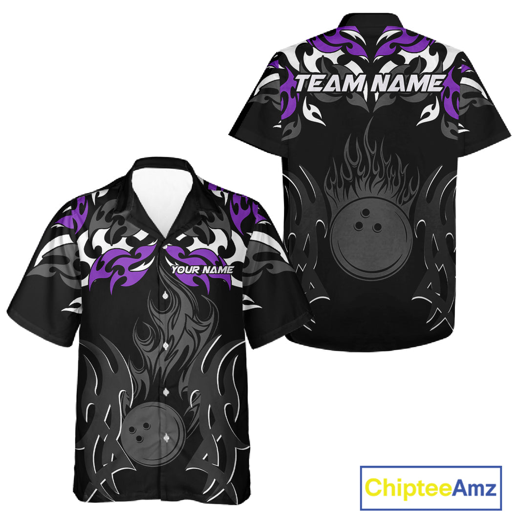 Black and Purple Flame Bowling Hawaiian shirt Custom Team bowling button up shirt bowler gift NQS10535