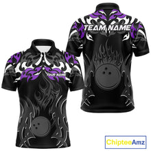 Load image into Gallery viewer, Black and Purple Flame Bowling Polo, Quarter Zip shirt for men Custom Team bowling jersey bowler gift NQS10535