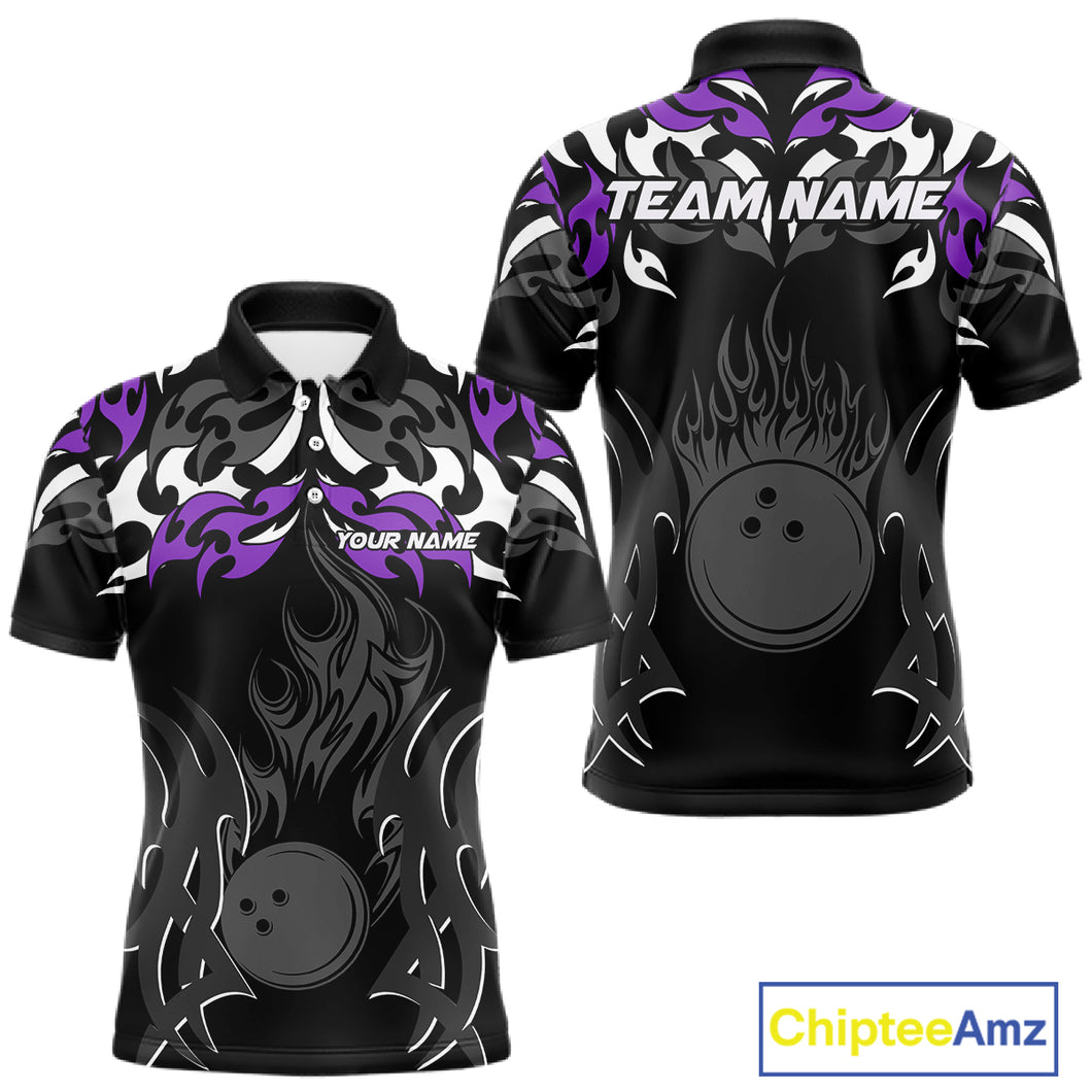 Black and Purple Flame Bowling Polo, Quarter Zip shirt for men Custom Team bowling jersey bowler gift NQS10535