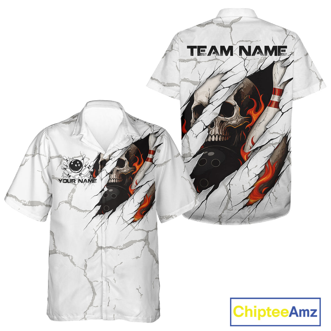 Personalized White Grunge Flame Skull Bowling Hawaiian shirt Custom Team Bowling League Shirts NQS10536