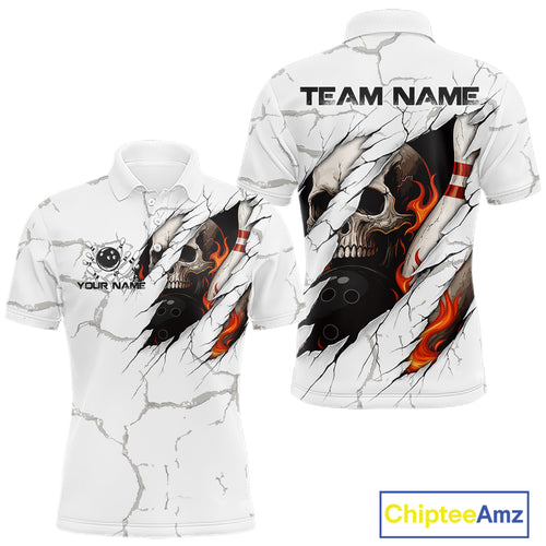Personalized White Grunge Flame Skull Bowling shirts for men Custom Team Bowling League Shirts NQS10536