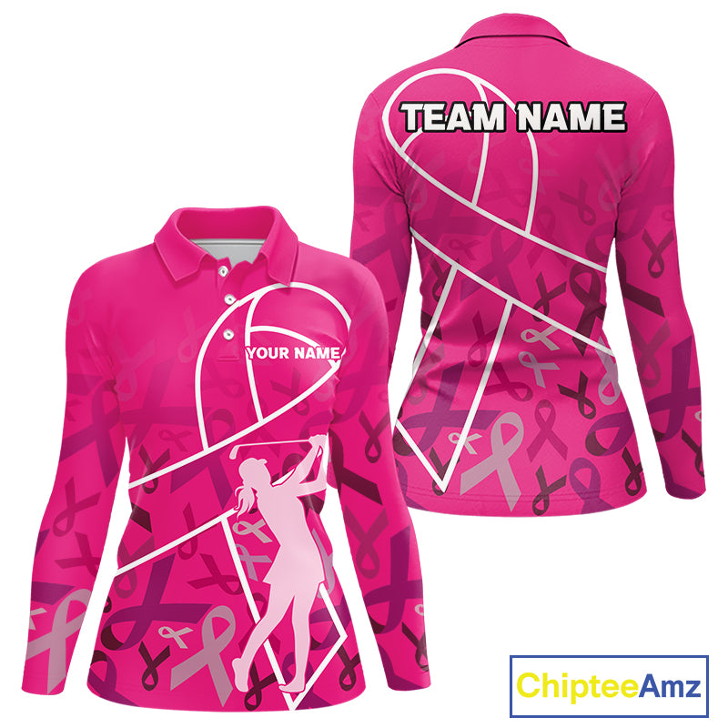 Pink ribbon pattern breast cancer awareness Women golf polo shirt Custom team Golf attire For ladies NQS10189