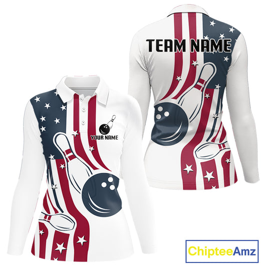 Red, White & Blue American Flag Bowling shirt For Women custom patriotic bowling team uniform jersey NQS10337