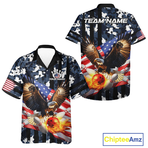 Blue Camo American Flag Eagle Flame Bowling Hawaiian shirt Custom Patriotic Bowling Team Shirts NQS10551