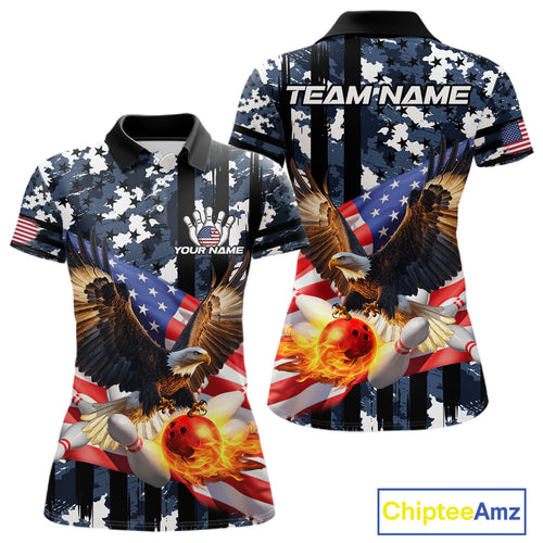 Blue Camo American Flag Eagle Flame Bowling Shirts For Women Custom Patriotic Bowling Team Shirts NQS10551