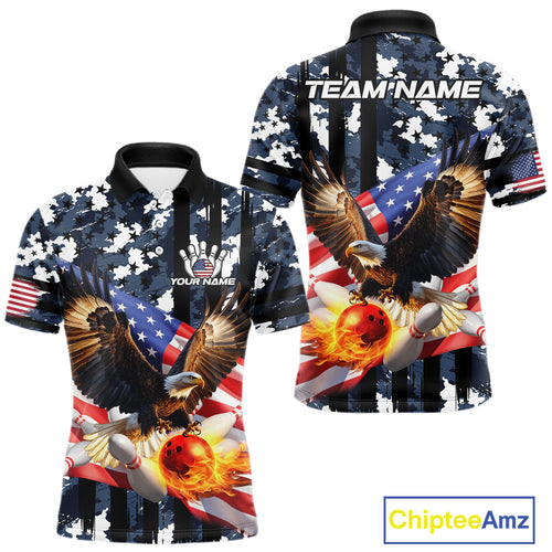 Blue Camo American Flag Eagle Flame Bowling Shirts For Men Custom Patriotic Bowling Team Shirts NQS10551