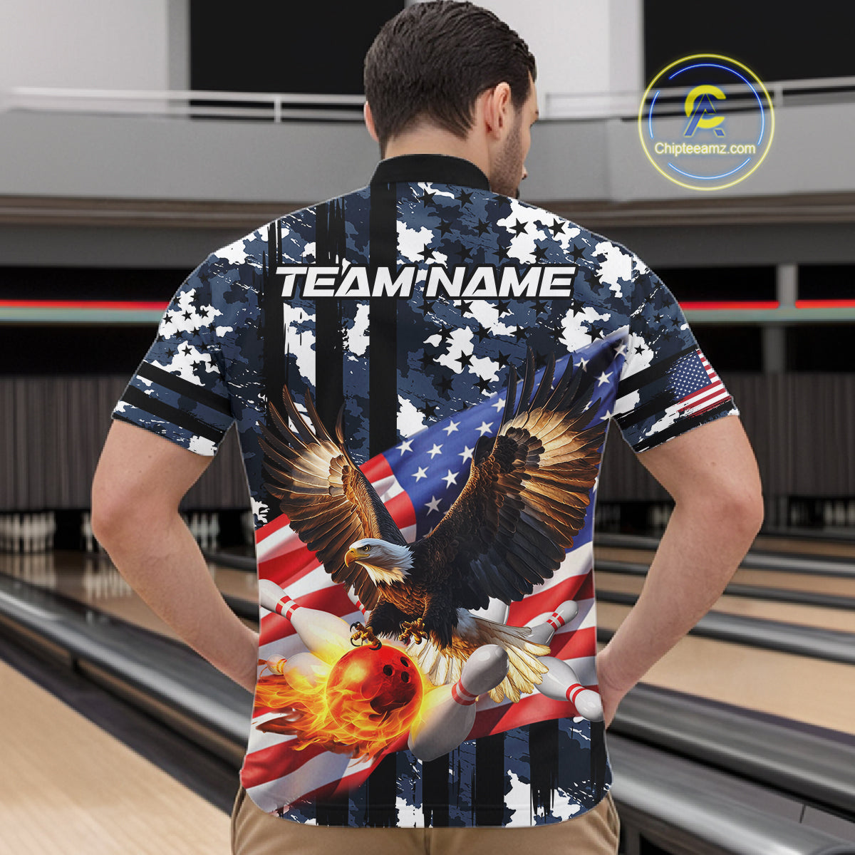Blue Camo American Flag Eagle Flame Bowling Shirts For Men Custom Patriotic Bowling Team Shirts NQS10551
