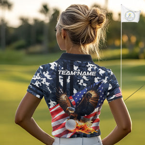 Blue Camo American Flag Eagle Flame Women Golf Polo Shirt Custom Patriotic Team Ladies Golf Outfit NQS10552