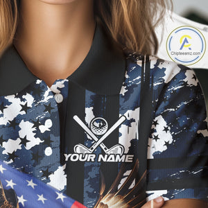 Blue Camo American Flag Eagle Flame Women Golf Polo Shirt Custom Patriotic Team Ladies Golf Outfit NQS10552