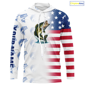 Red, White and Blue American Flag Bass Fishing custom patriotic Bass performance Fishing Shirts NQS10034