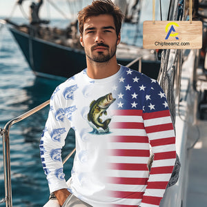 Red, White and Blue American Flag Bass Fishing custom patriotic Bass performance Fishing Shirts NQS10034