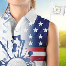 Load image into Gallery viewer, Red, White &amp; Blue American Flag Women Sleeveless Golf polo shirts, patriotic Ladies Golf Outfit NQS10035