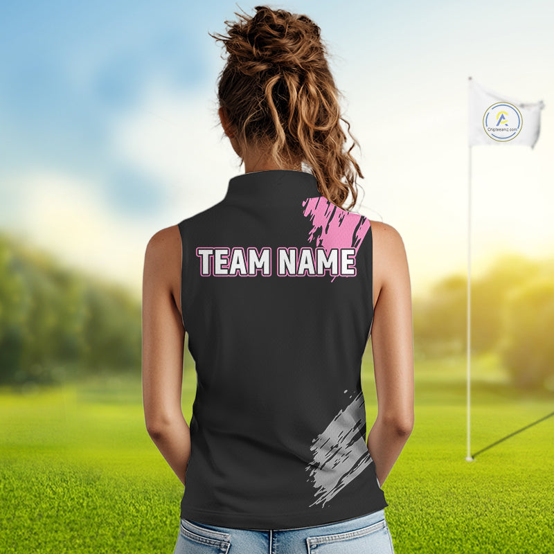 Black and pink ribbon Breast Cancer Awareness golf shirts custom Women sleeveless golf polo shirt NQS10196