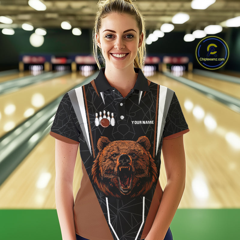 Personalized Bear Bowling Polo, Quarter Zip Shirts For Women, Bear Bowling Team Brown League Jersey NQS10344