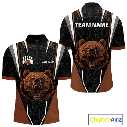 Personalized Bear Bowling Polo, Quarter Zip Shirts For Men, Bear Bowling Team Brown League Jersey NQS10344