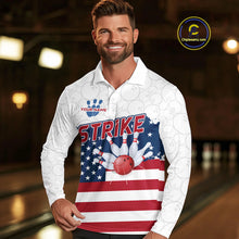 Load image into Gallery viewer, Personalized American Flag Strike Bowling Polo, 1/4 Zip Shirts For Men, Patriotic Bowling Team Jersey NQS10345