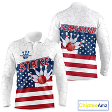 Load image into Gallery viewer, Personalized American Flag Strike Bowling Polo, 1/4 Zip Shirts For Men, Patriotic Bowling Team Jersey NQS10345