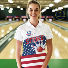 Load image into Gallery viewer, Personalized American Flag Strike Women Bowling Polo, 1/4 Zip Shirts, Patriotic Bowling Team Jersey NQS10345