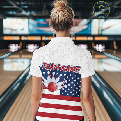 Personalized American Flag Strike Women Bowling Polo, 1/4 Zip Shirts, Patriotic Bowling Team Jersey NQS10345
