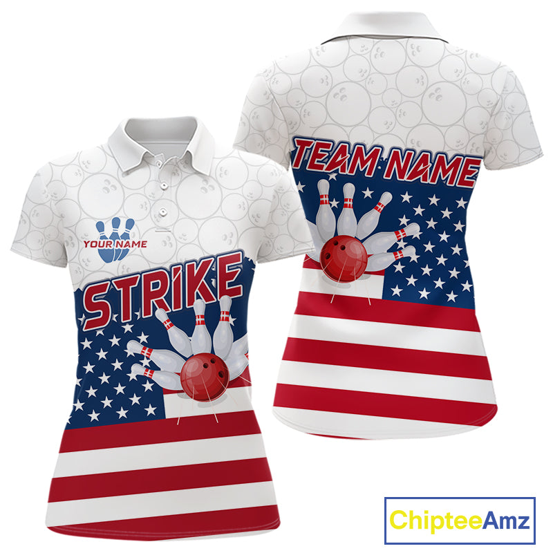 Personalized American Flag Strike Women Bowling Polo, 1/4 Zip Shirts, Patriotic Bowling Team Jersey NQS10345