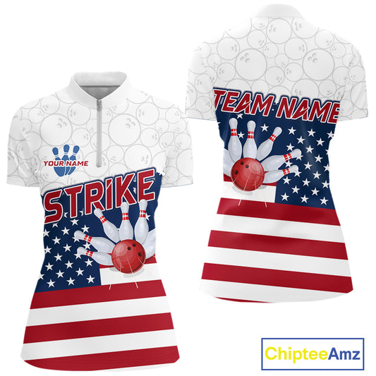 Personalized American Flag Strike Women Bowling Polo, 1/4 Zip Shirts, Patriotic Bowling Team Jersey NQS10345