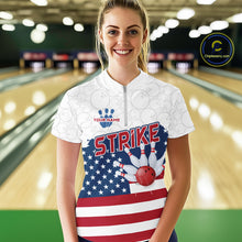 Load image into Gallery viewer, Personalized American Flag Strike Women Bowling Polo, 1/4 Zip Shirts, Patriotic Bowling Team Jersey NQS10345