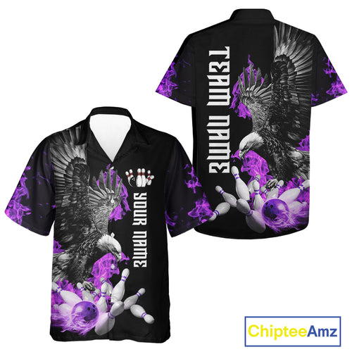 Custom Purple Flame Black Eagle Bowling Hawaiian Shirt, Team Bowling Clothes NQS10351