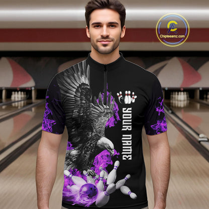 Custom Purple Flame Black Eagle Bowling Polo, Quarter Zip Shirt For Men, Team Bowling Clothes NQS10351
