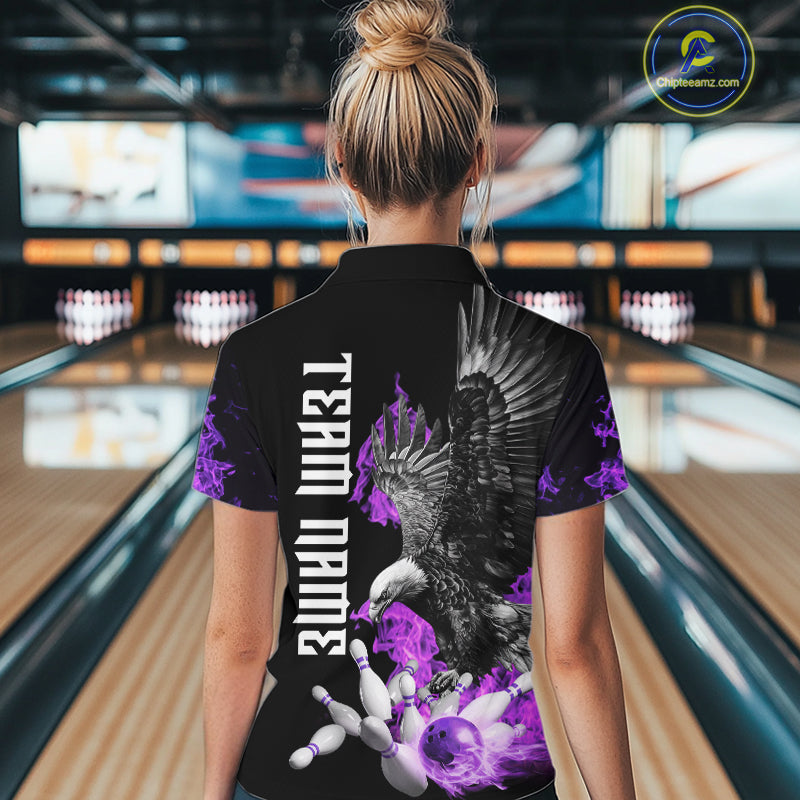 Custom Purple Flame Black Eagle Bowling Polo, Quarter Zip Shirt For Women, Team Bowling Clothes NQS10351