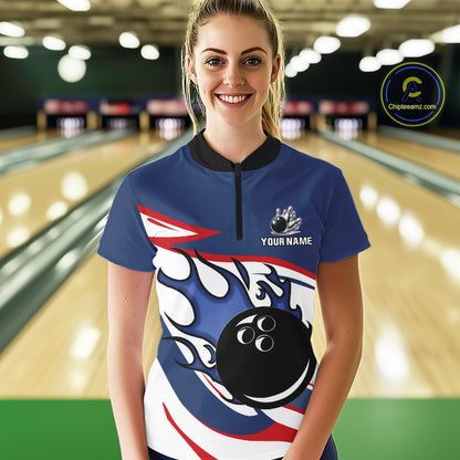 Red, White and Blue Flame bowling ball polo, 1/4 zip shirts for Women Custom patriotic Bowling Outfit NQS10045