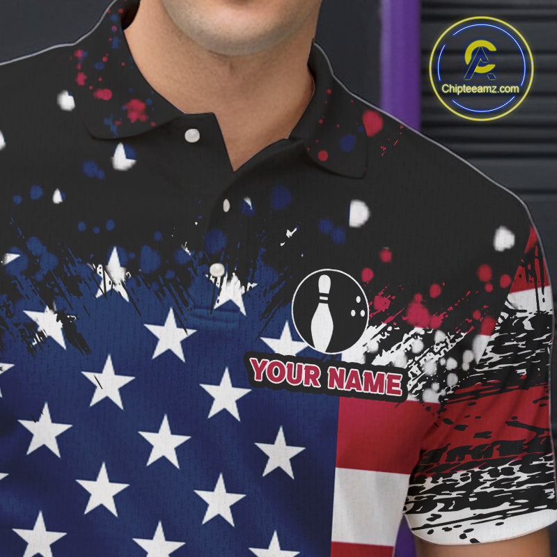 American Flag Black Bowling Polo, 1/4 Zip Shirts For Men custom patriotic retro bowling team shirts NQS10210
