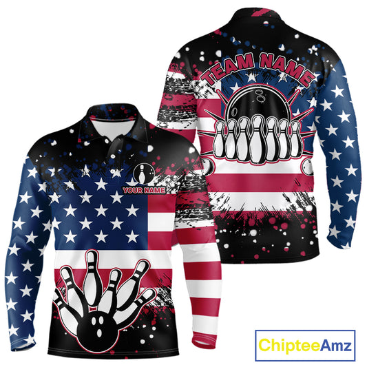 American Flag Black Bowling Polo, 1/4 Zip Shirts For Men custom patriotic retro bowling team shirts NQS10210