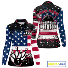 Load image into Gallery viewer, American Flag Black Bowling Polo, 1/4 Zip Shirts For Women custom patriotic retro bowling team shirts NQS10210