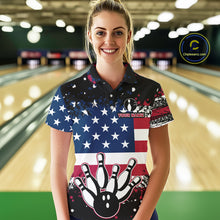 Load image into Gallery viewer, American Flag Black Bowling Polo, 1/4 Zip Shirts For Women custom patriotic retro bowling team shirts NQS10210