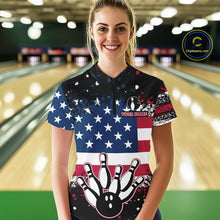 Load image into Gallery viewer, American Flag Black Bowling Polo, 1/4 Zip Shirts For Women custom patriotic retro bowling team shirts NQS10210