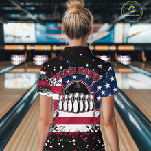 Load image into Gallery viewer, American Flag Black Bowling Polo, 1/4 Zip Shirts For Women custom patriotic retro bowling team shirts NQS10210