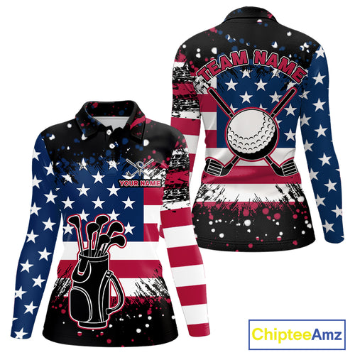 American Flag Black golf polo shirts for Women custom patriotic retro golf team shirts, golfer gifts NQS10211