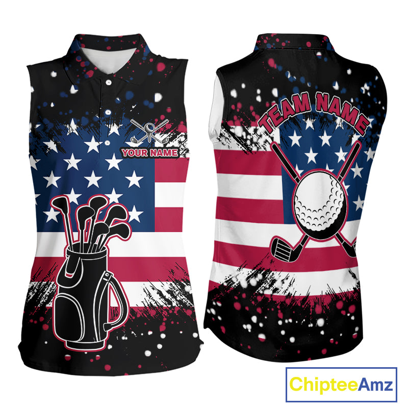 American Flag Black sleeveless golf polo shirts for ladies custom patriotic retro golf team shirts NQS10211