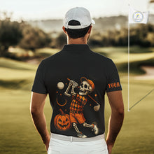 Load image into Gallery viewer, Black and Orange Skull Golf polo shirt for men Custom Halloween Mens golf outfit NQS10353