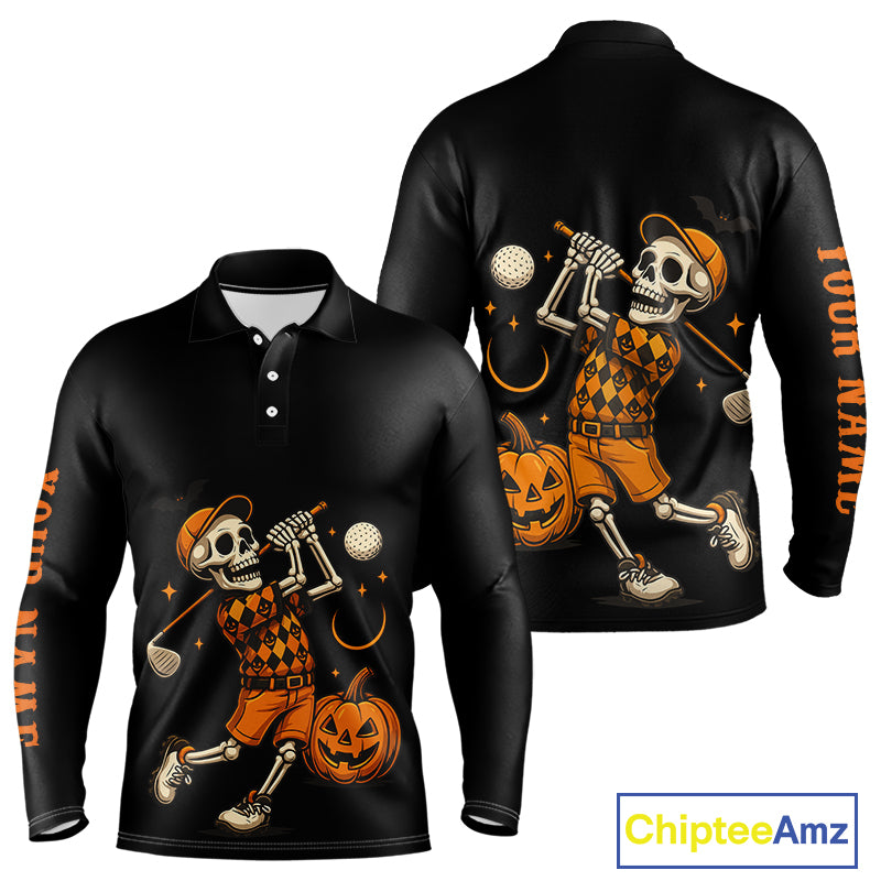Black and Orange Skull Golf polo shirt for men Custom Halloween Mens golf outfit NQS10353