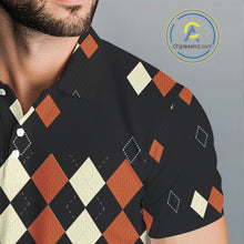 Load image into Gallery viewer, Black and Orange argyle plaid pattern Mens golf polo shirts custom Halloween golf wear for men NQS10356