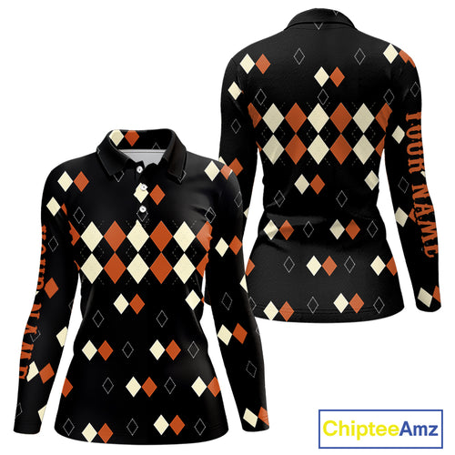 Black and Orange argyle plaid pattern Women golf polo shirts custom Halloween golf wear for ladies NQS10356