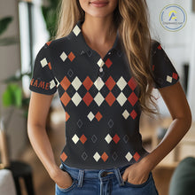 Load image into Gallery viewer, Black and Orange argyle plaid pattern Women golf polo shirts custom Halloween golf wear for ladies NQS10356