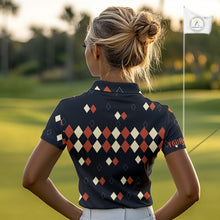 Load image into Gallery viewer, Black and Orange argyle plaid pattern Women golf polo shirts custom Halloween golf wear for ladies NQS10356