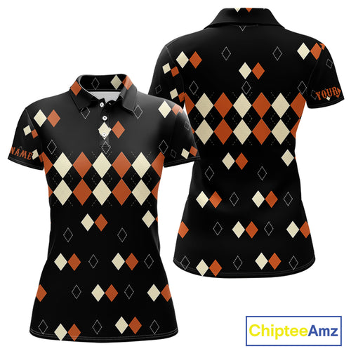 Black and Orange argyle plaid pattern Women golf polo shirts custom Halloween golf wear for ladies NQS10356