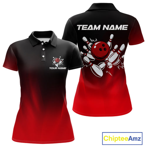 Custom Black and Red Bowling Polo, Quarter Zip Team Shirts For Women, Bowling Outfit Gift For Bowlers NQS10565