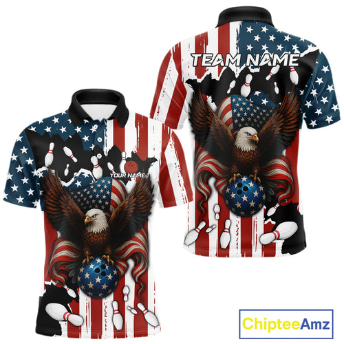 American Flag Eagle Bowling Polo, Quarter Zip Shirts For Men Custom Patriotic Team Bowling Jersey NQS10572