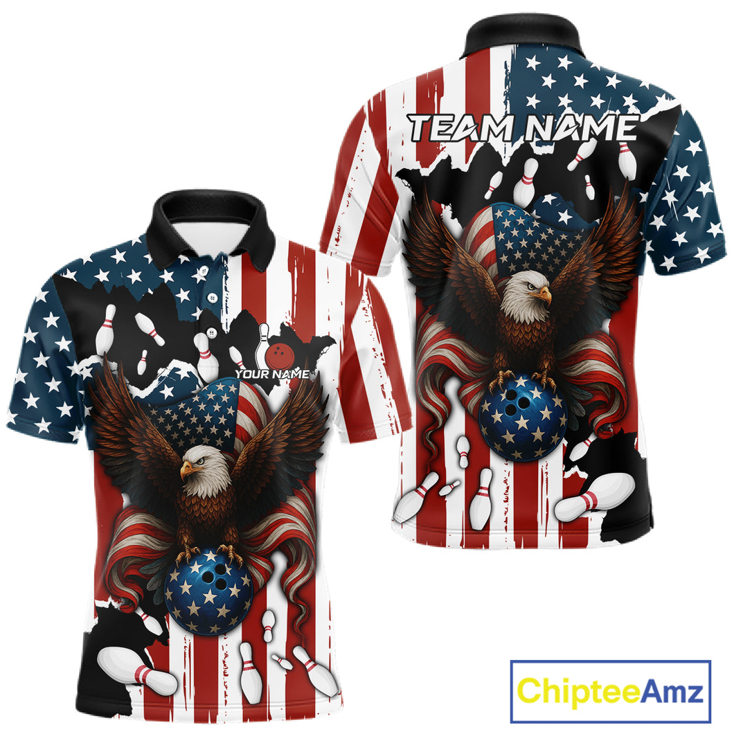 American Flag Eagle Bowling Polo, Quarter Zip Shirts For Men Custom Patriotic Team Bowling Jersey NQS10572